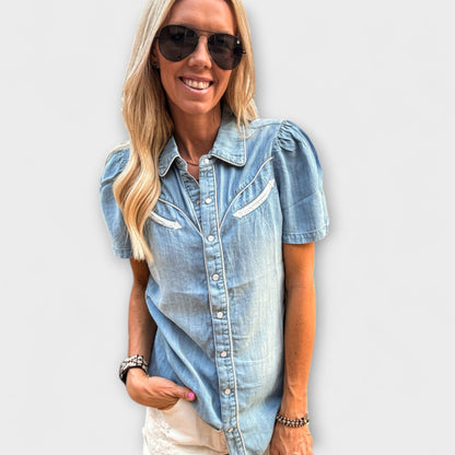 Autumn - Blue Booker Western Shirt with Button Placket