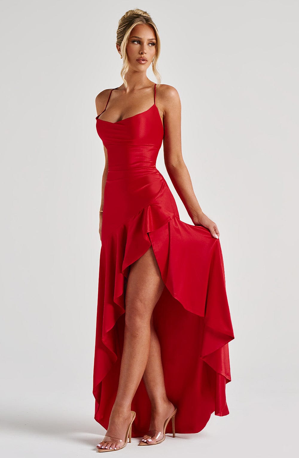 Prestige Satin Maxi Dress with Ruffles